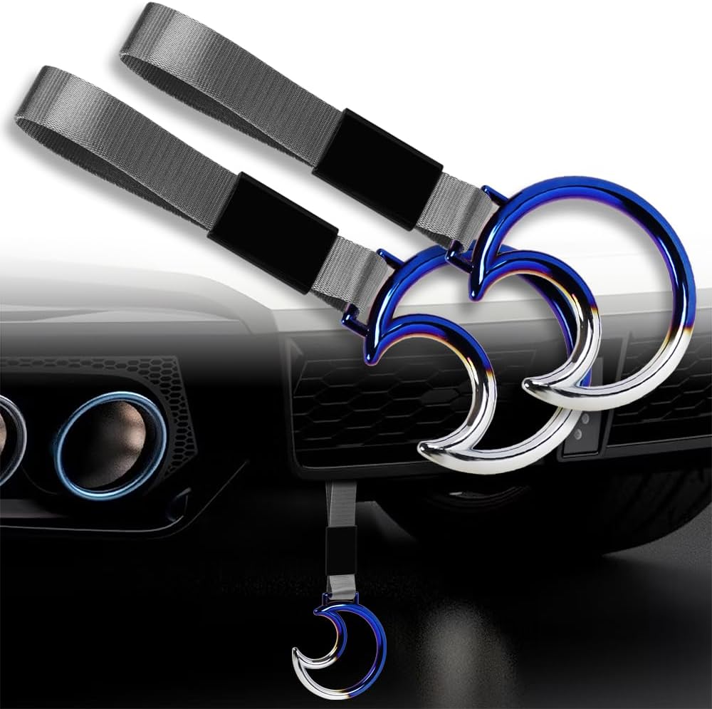 JDM Tsurikawa Ring Japanese Subway Train Bus Car Handle Moon Shaped Handle Hand Strap Rear Front Bumper Rings Drift Charm Bosozoku Car Accessory (Burnt Blue Ring/Black Strap)
