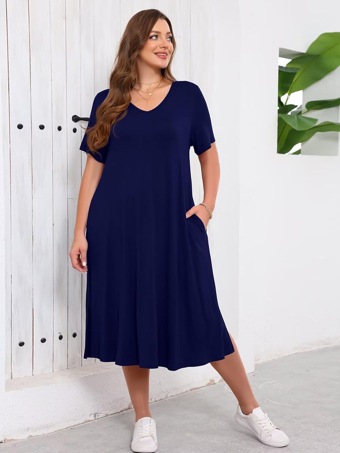 BELAROI Women Plus Size Dresses Summer Casual Midi Tshirt Dress V Neck Short Sleeve Long Maxi Side Split Pockets - Image 4