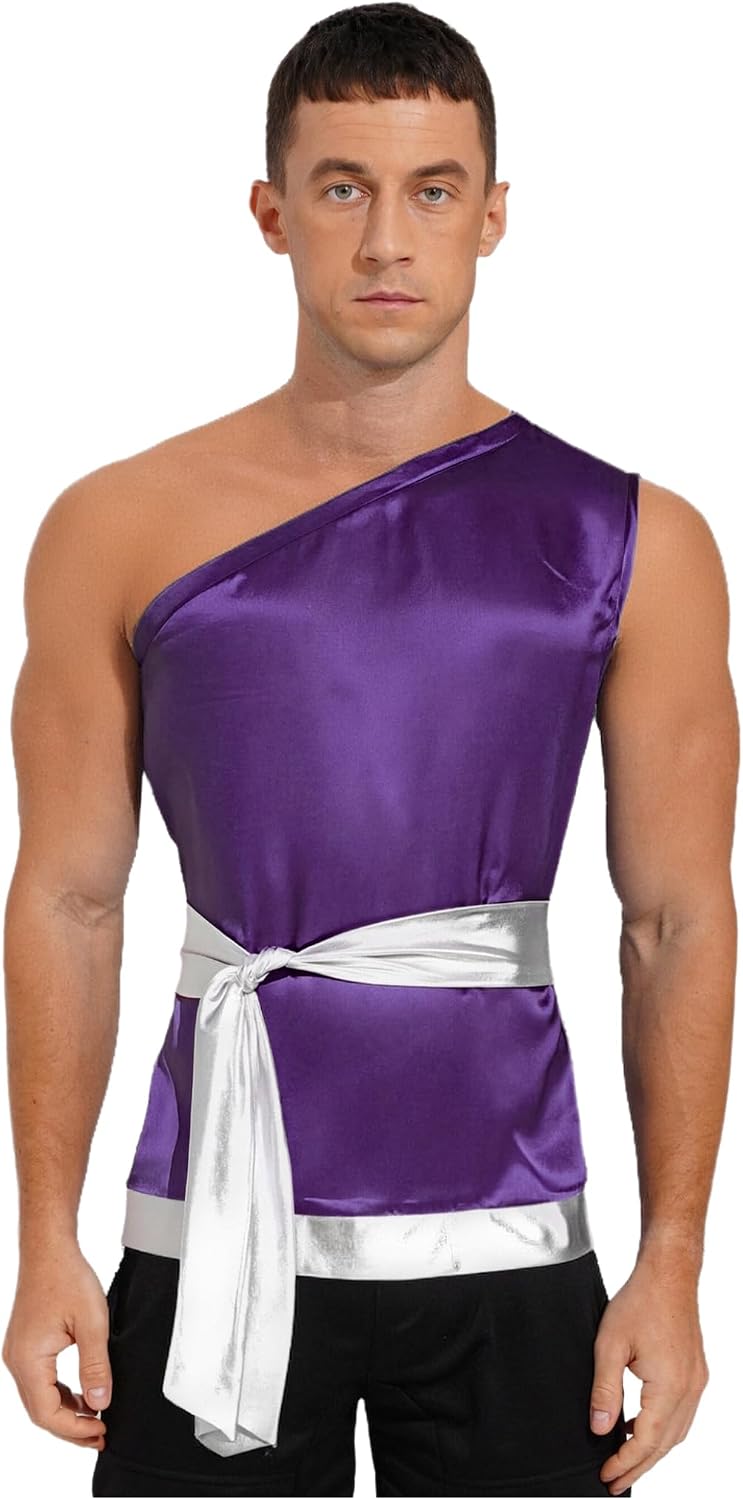 Shinsto Men's Liturgical Praise Dance Shirt One Shoulder Metallic Pullover Tops with Belt Worship Dancewear