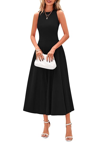 PRETTYGARDEN Spring Casual Dresses for Women 2025 Summer Business Work Midi Sleeveless A Line Pleated Cocktail Dress