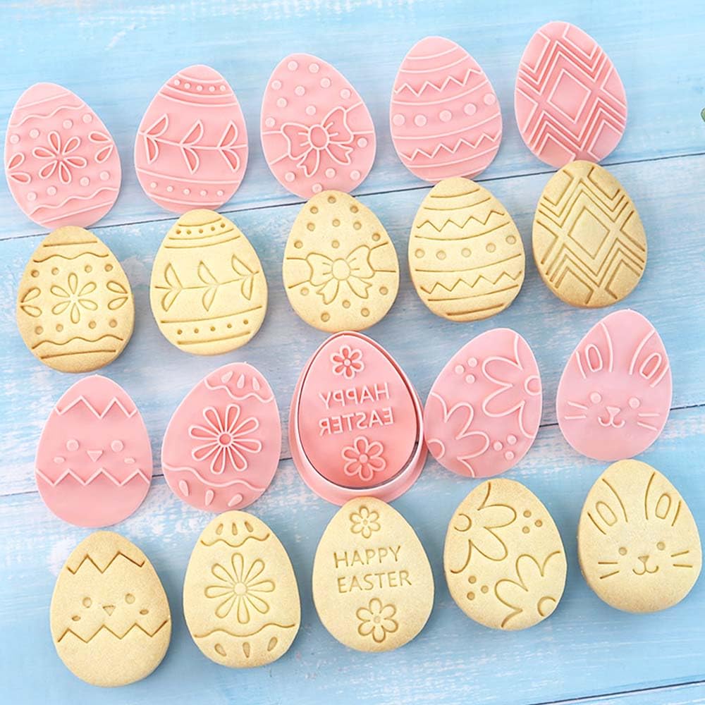 10 mini cortadores de galletas, sellos de galletas de diseño 3D elevado, mini moldes divertidos para huevos de Pascua, juego de cortadores de galletas de adorno de Pascua (huevo de Pascua, conejo)