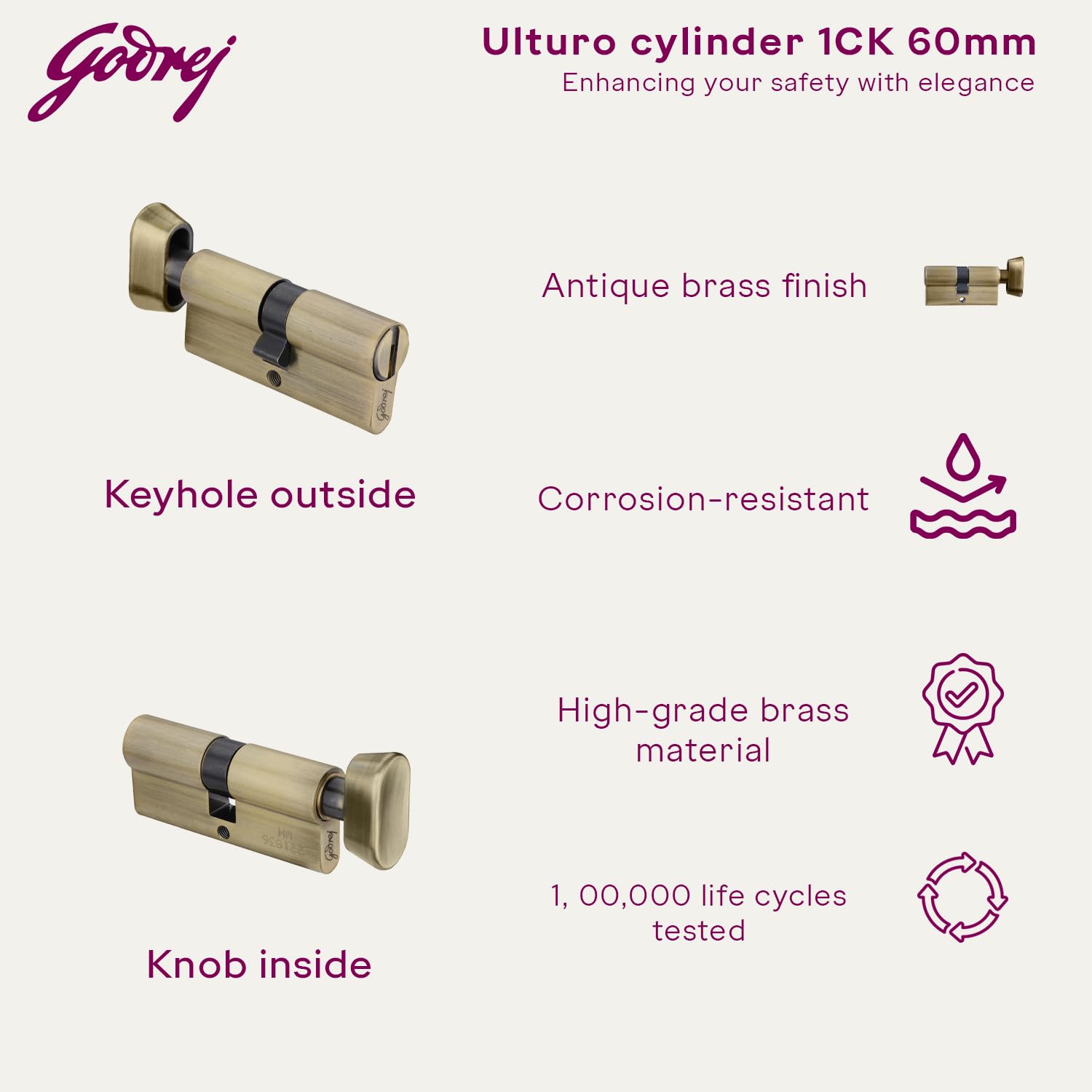 Godrej Cylinder | Europrofile Ulturo XL+ | 1CK 60mm | Antique Brass Finish | Door Thickness Upto 40mm | 4 Keys — Amazon image 3