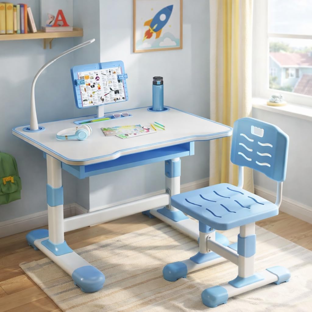 Height Adjustable Kids Study Desk Chair Set, Children Writing Table with Tiltable Reading Stand & LED Light, Bedroom Kids Desk with Large Drawer & Ergonomic Chair, for Children Blue
