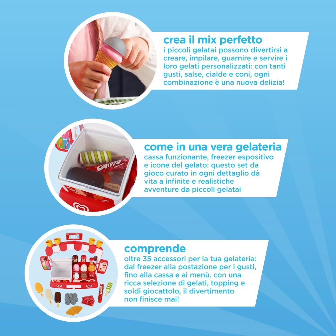 Casdon set gelateria giocattolo ufficiale Algida | Gelateria giocattolo per bambini dai 2 anni in su | Con freezer, espositore gelati, denaro finto e più di 35 pezzi