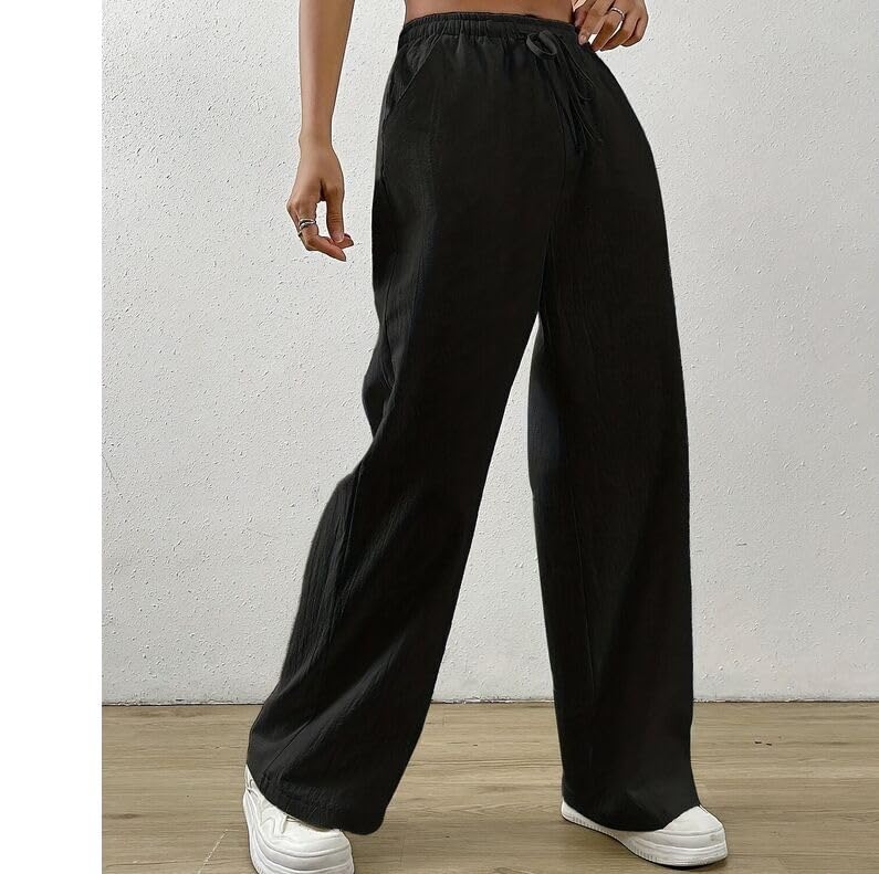 Versatile Solid Color Loose Fit Casual Wide Leg Pants with Elastic Waist Drawstring Long Pants Trousers Suitable4