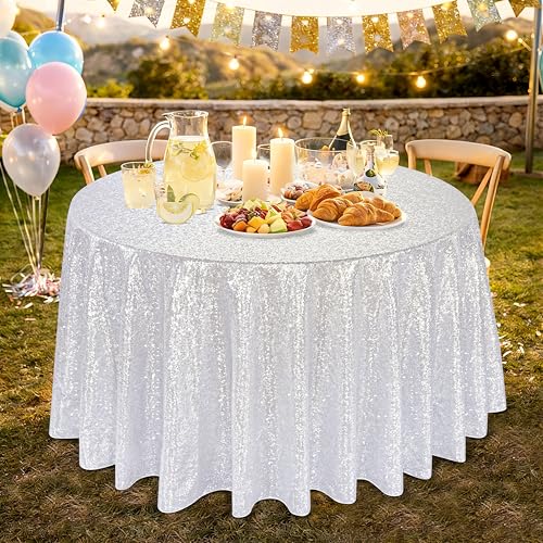 Image of B-COOL Sequin Tablecloth Round Party Decorations: 132 Inch Silver Tablecloth Sequin Overlay Glitter Fabric for Indoor and Outdoor Gathering Christmas Parties