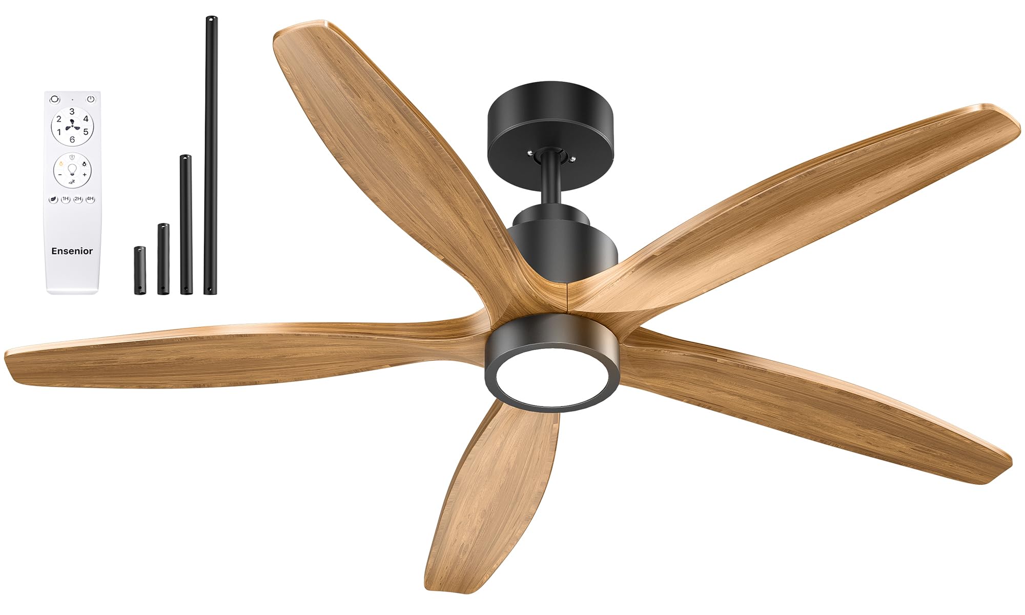 Ensenior 52” Ceiling Fan with Light Remote Control, 5CCT selectable, Dimmable, 1000 Lumens, 15W LED, 5 Wood Blades and Reversible DC Motor, for Bedroom and Living Room, Black, (338)