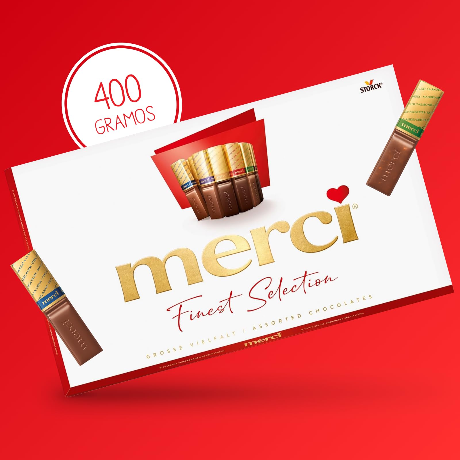 merci Finest Selection Gran Variedad – 400 g – Caja de Bombones para Regalar – Surtido de 8 Especialidades de Chocolate con y sin Relleno – Selección Premium – Sin Gluten y Aptos para Vegetarianos