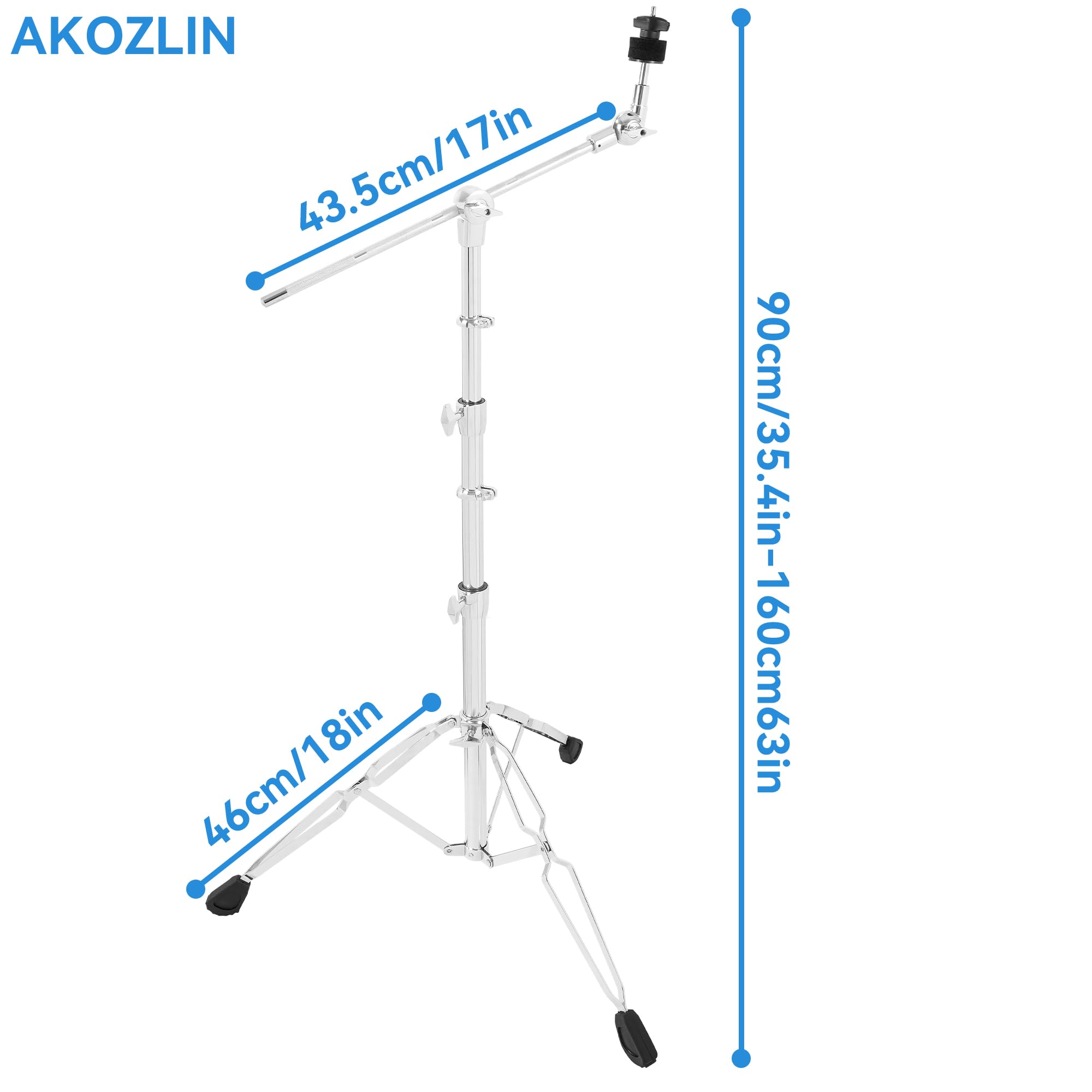 AKOZLIN Boom Cymbal Stand, Basin Stand with Galgen, 84-115 cm Height Adjustable, Double Stretched Tripod, Chrome