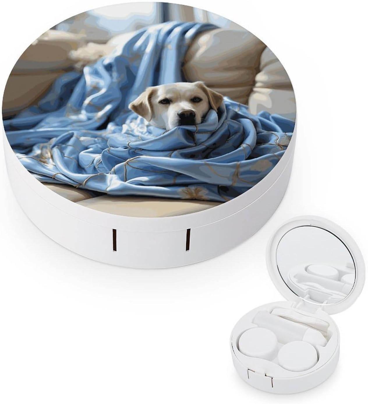 Dog Wrapped in Blanket Round Contact Lens Case, Travel Contact Lens Case with Mirror And Tweezers, Portable Holder Container for Home Travel Shopping And Daily Life