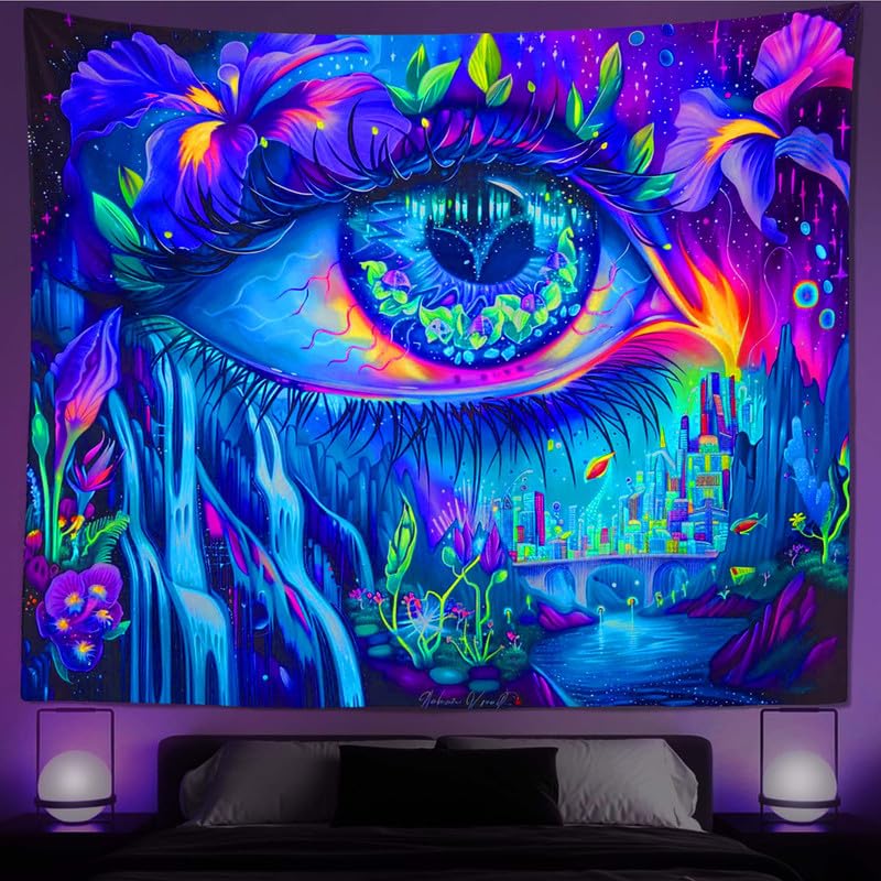 Wergund Eye Blacklight Tapestry, UV Reactive Eye Tapestry, Landscape Flower Tapestry Glow in Dark Aesthetic Wall Hanging for Home Bedroom Living Room Decor - 51 x 59 Inches