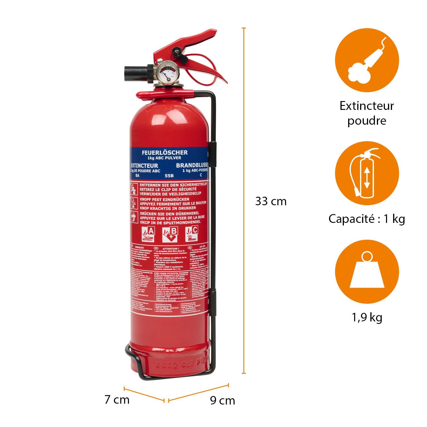 Smartwares Extincteur Poudre 1 kg Feux ABC Support Inclus FEX-18116