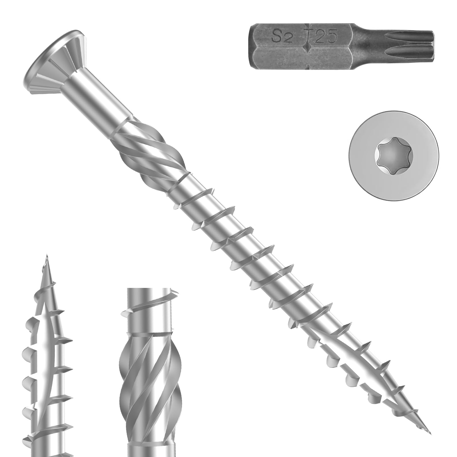 TCO Tornillos para terraza de acero inoxidable A2, 5,0 x 60 mm, 500 unidades, incluye S2 Bit, TX 25, cabeza avellanada, diente de sierra, punta de corte, tornillos para terrazas para exteriores