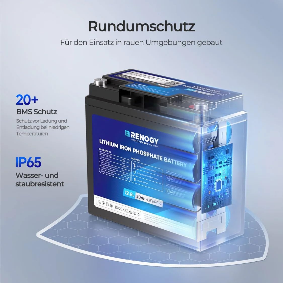 Renogy Batteria al litio LiFePO4 da 12 V, 20 Ah, con protezione BMS, 4000 cicli, batteria solare da 12 V, 20 Ah, per motore da traino, cabine, camper, IP65