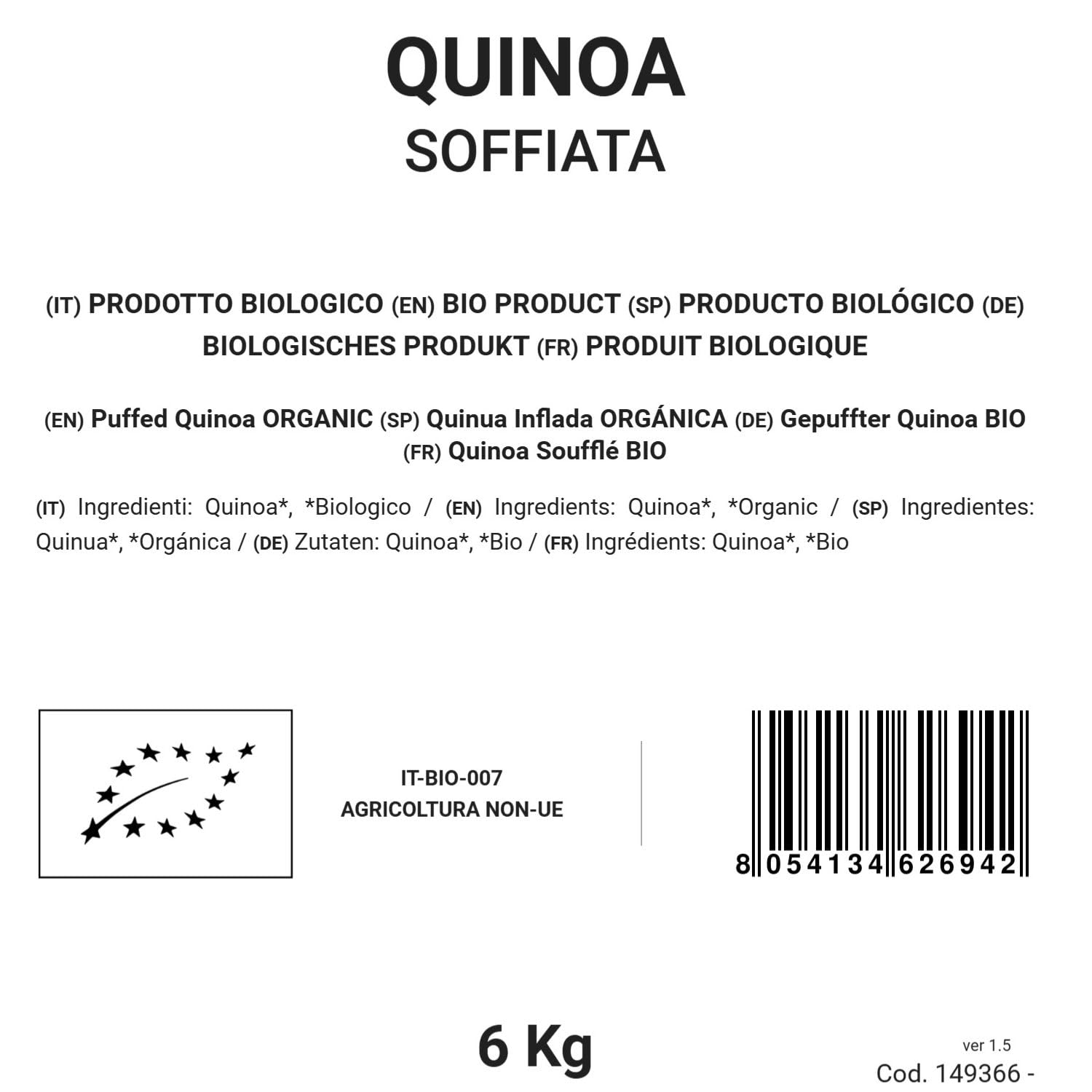 BONGIOVANNI Bontà Naturali Gepuffter Quinoa Bio 6 kg - Glutenfrei, Ideal für Müsli, Granola und Porridge
