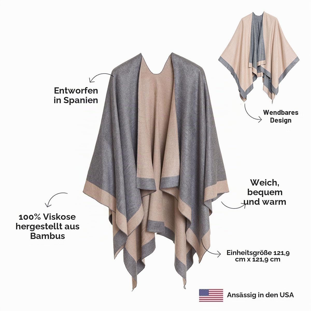 Damen Schal Wrap Poncho Ruana Cape Cardigan Pullover Open Front für Frühling Herbst Winter