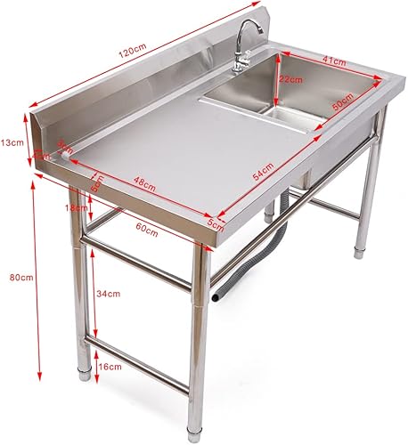Miniatura 7 de Fregadero de cocina de 1 compartimento, acero inoxidable de 47.2 x 23.6 x 31.5 in, juego de fregadero de restaurante, fregadero de cocina con un