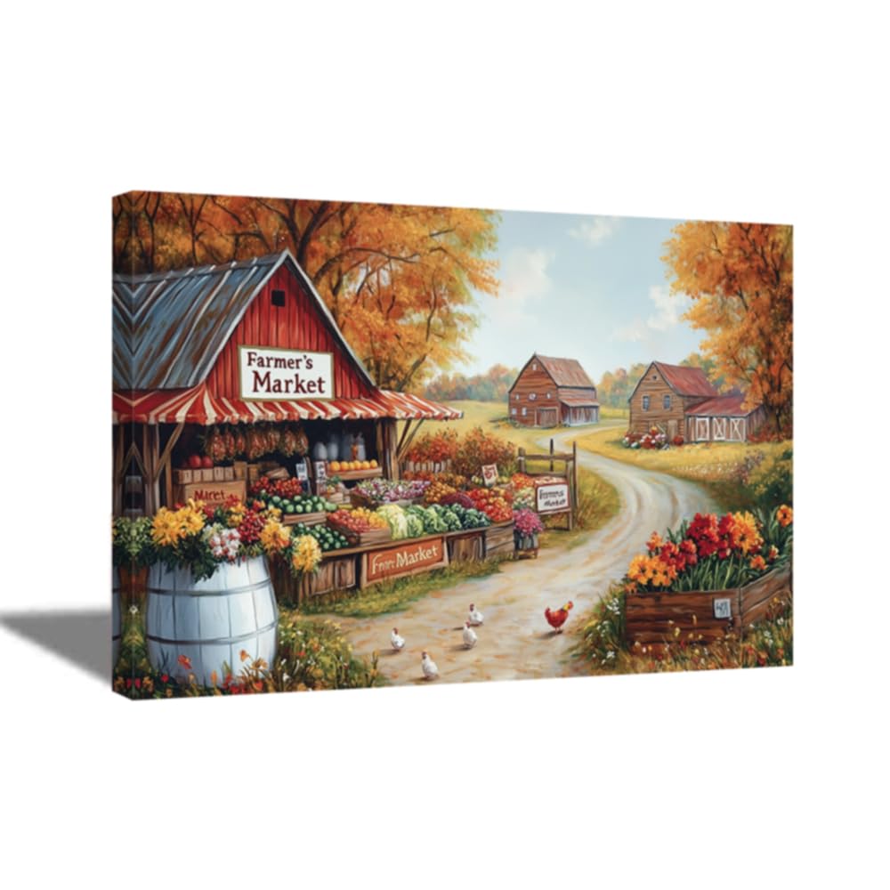 ZQQART Fall Wall Art Framed Autumn Farm Harvest Painting Prints Flowers Canvas Prints Thanksgiving Wall Decor for Farmhouse(White,18" x 12")