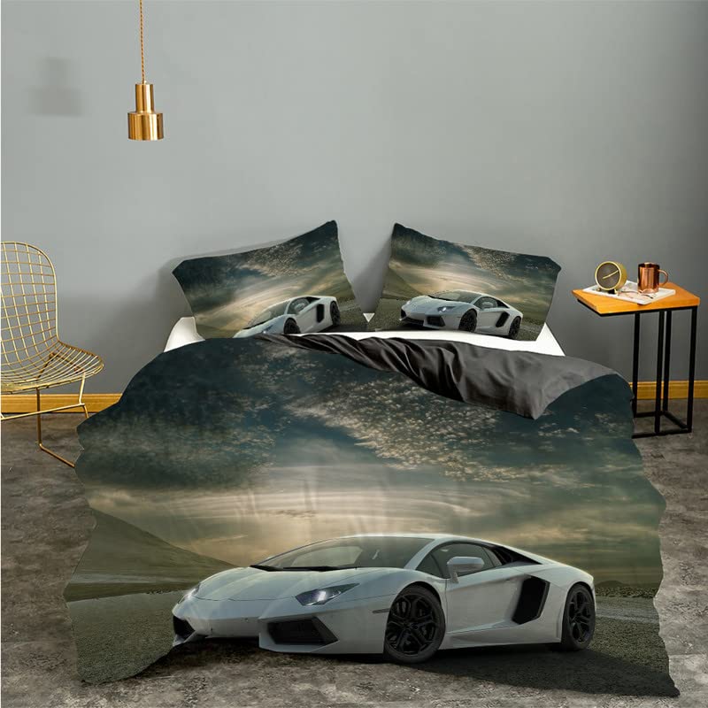 Parure de lit 90x190 enfant voiture de sport vert sauge avec housse de couette et taie d'oreiller
