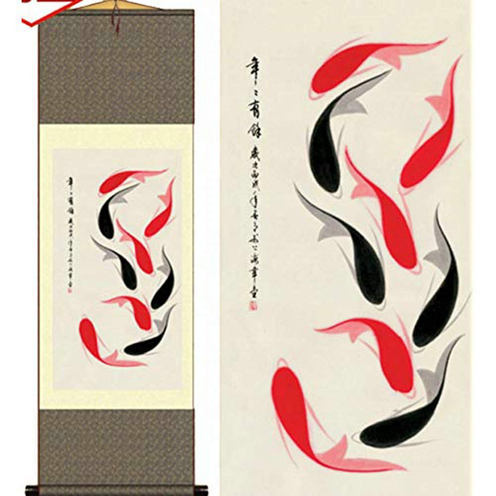 Atfart Black Asian Wall Decor Beautiful Silk Scroll Painting Year Have Fish - Red Carp Oriental Decor Chinese Art Wall Scroll Wall Hanging Painting Scroll (39 X 12 In)