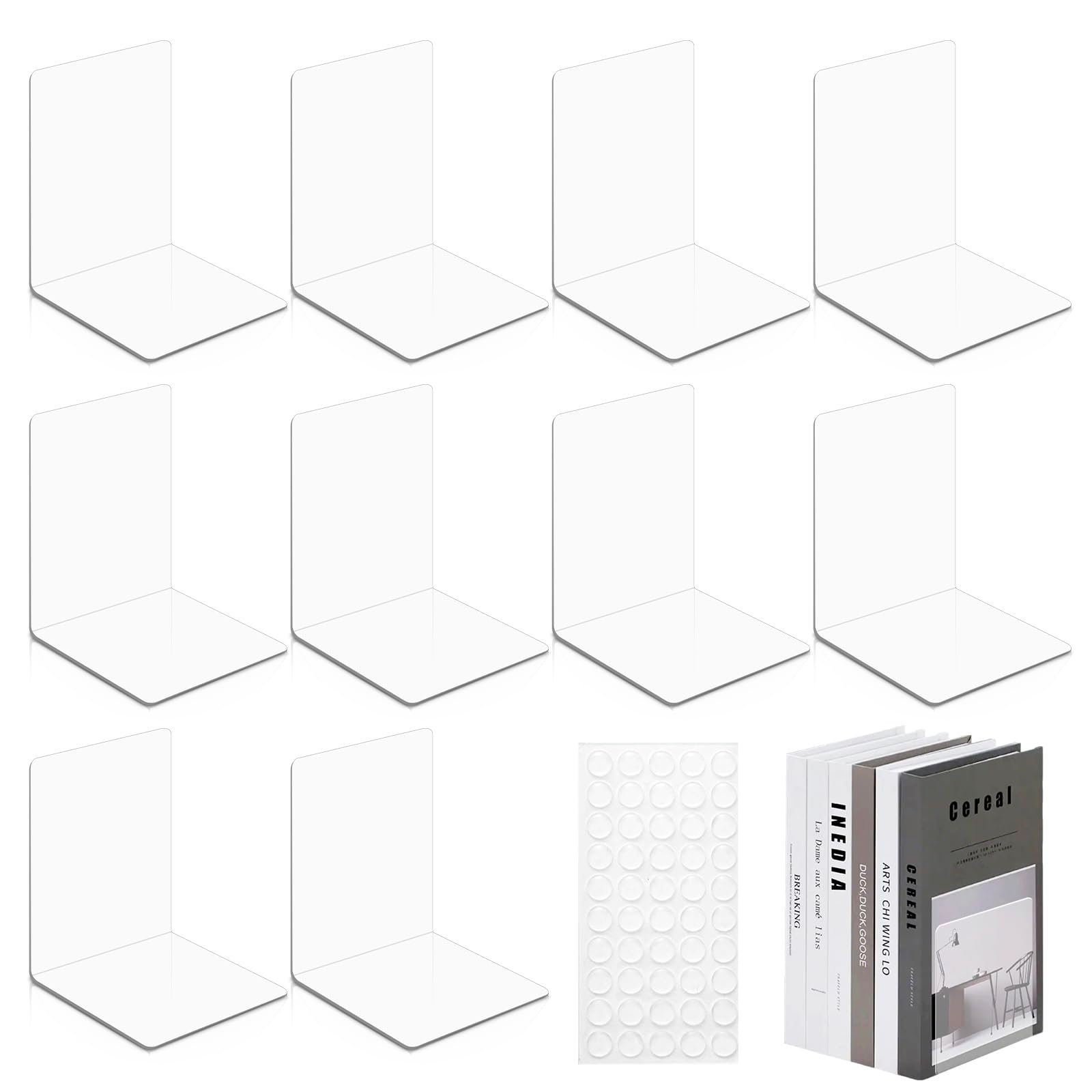 10 Stück Transparenten Buchstützen Acryl Set mit 50 Anti-Rutsch-Pad, 3mm Verdickt Buchstütze Buchstütze, Bücherständer für Schule, Büro, Zuhause, Bibliothek
