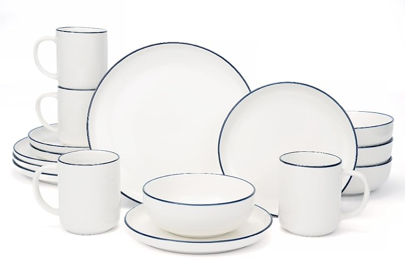 OTAGO Juego de Vajilla de 16 Piezas para 4 con 4 Tazas, Juego de Platos y Cuencos de Gres Blanco con Borde Azul, Juego de Platos de Cerámica para Cocina, Cena y Comedor, Borde Azul, Apto para Microondas y lavavajillas