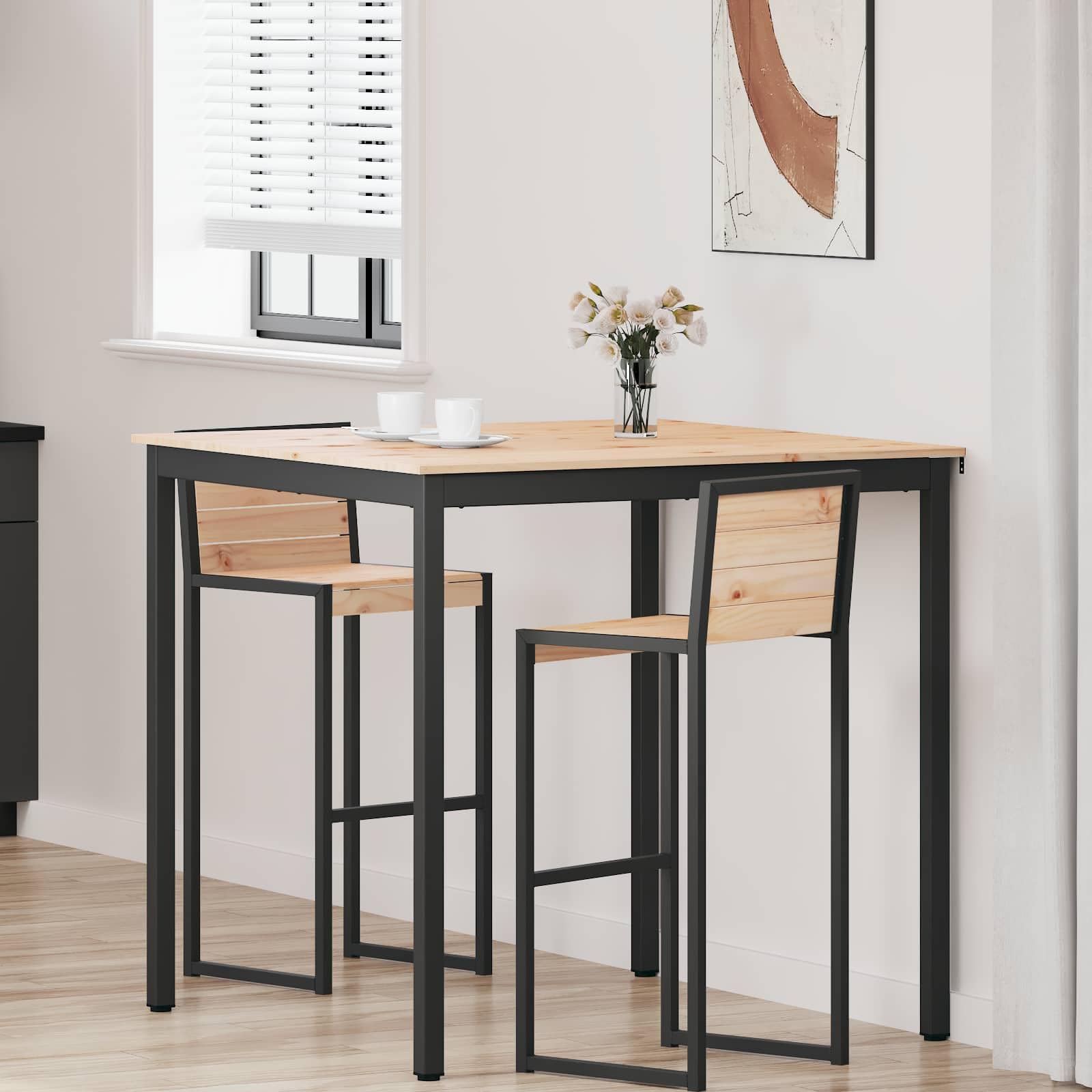 Mesa de bar natural de madera de pino maciza, 110 x 110 x 105 cm, para interior, comedor, cocina, moderno, diseño industrial, robusto, estable con soporte de vigas en forma de H