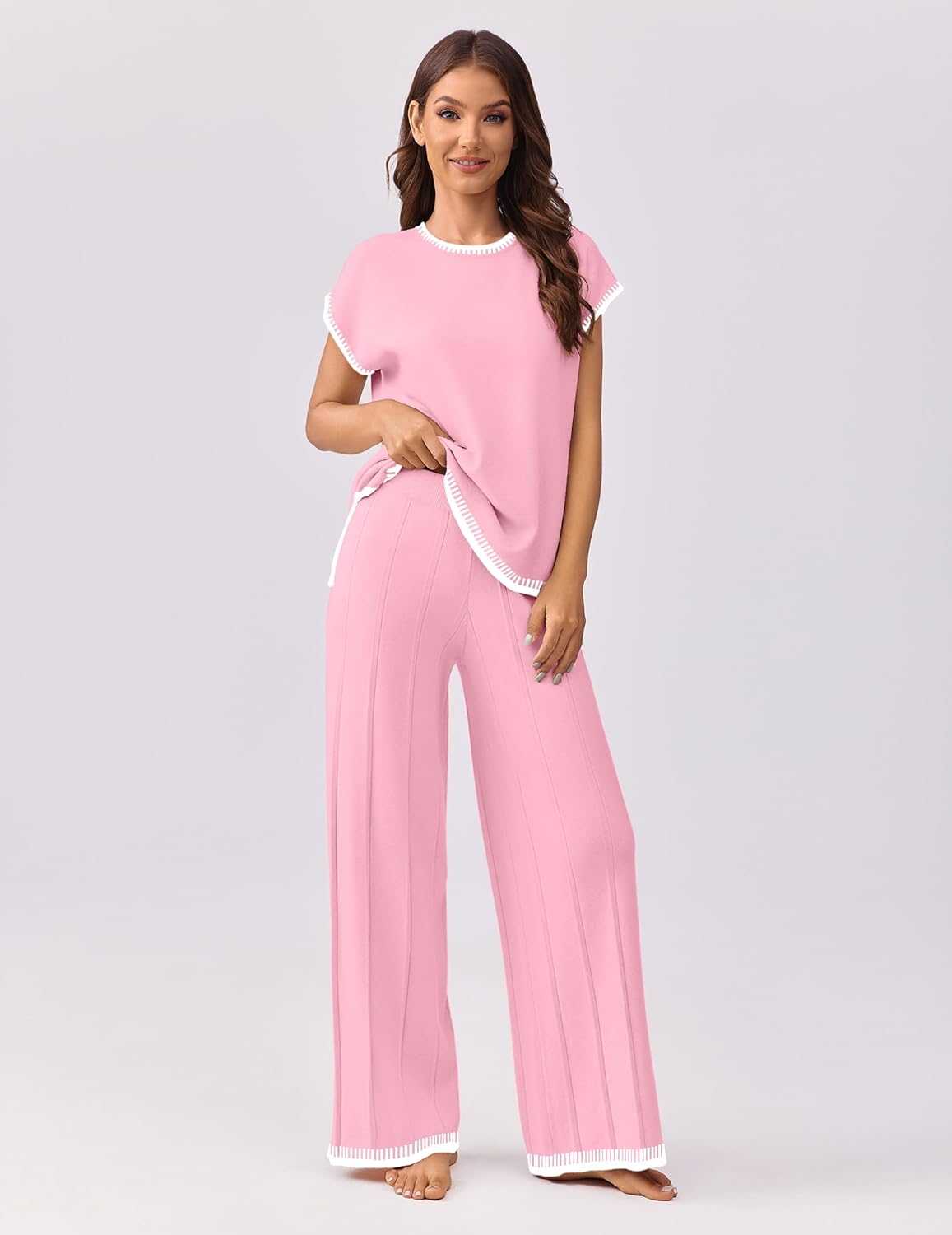 Ekouaer Womens Matching Sets Knit Sweater Sets 2 Pieces Outfits Pullover Tops Wide Legs Pants Lounge Set - Image 4