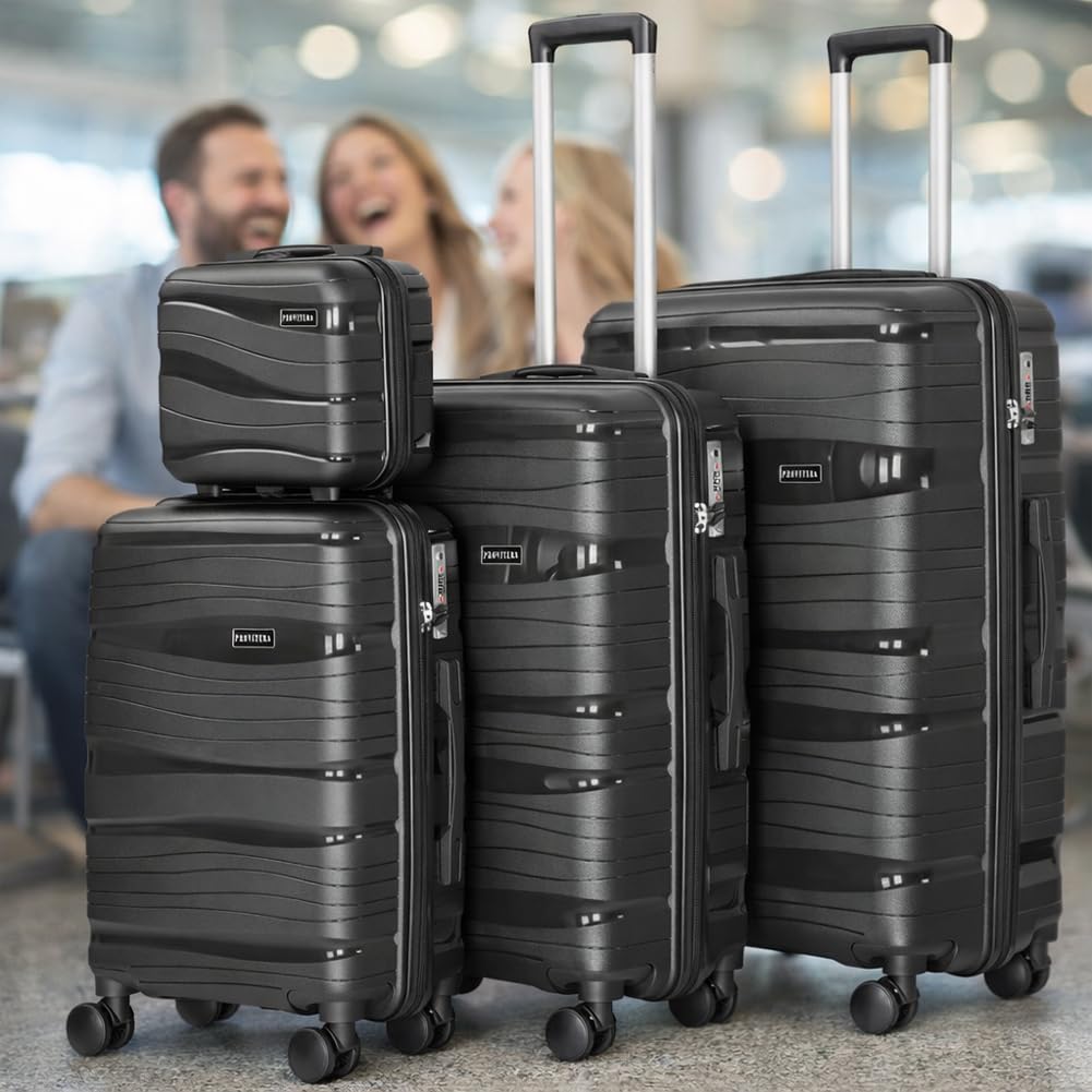 Set 4 Valigie Rigide con Beauty Case in Polipropilene Ultra Resistente agli Urti, Trolley Manico Telescopico e Ruote Easy Roll, Serratura Codice Rinforzata e Design Moderno (Black)