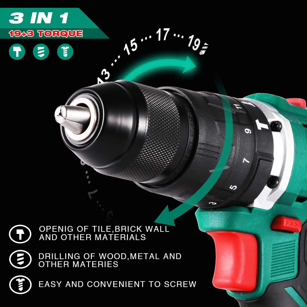 Cordless Drill Driver,Brushless 20V Hammer Drill with 2Pcs 2.0Ah