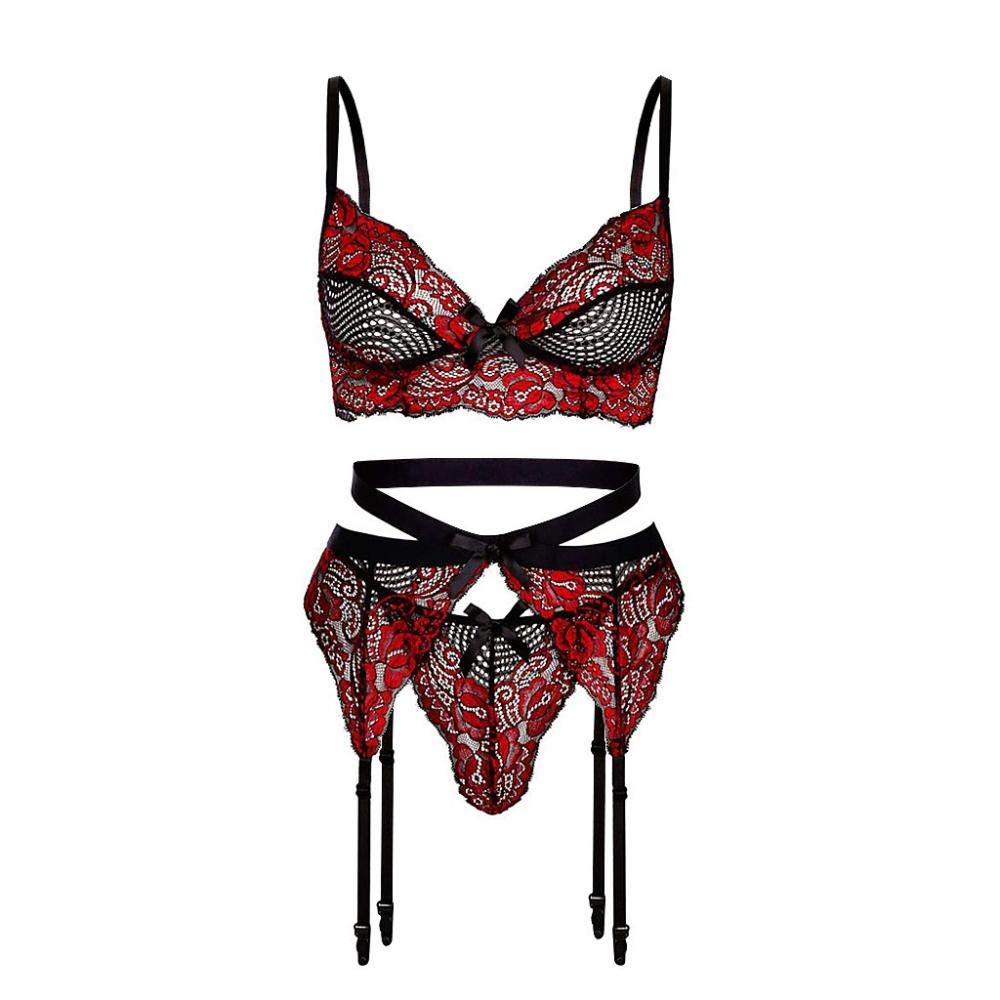 Conjuntos de lencería para Mujer Disfraces de Encaje Lencería para Mujer Bordado de Mujer Ropa Interior Sexy Conjunto de Liga y Tanga (Rojo S)