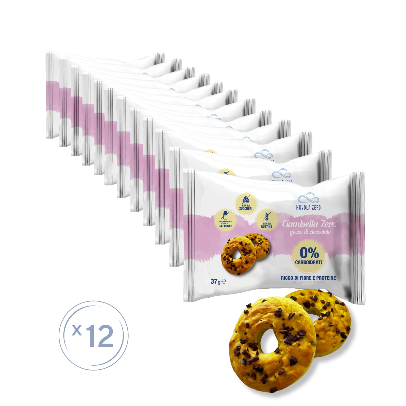 Nuvola Zero - Ciambella Zero, Proteinarme Snacks ohne Zucker, Gluten- und Laktosefrei, ohne Kohlenhydrate, mit Schokolade Stückchen,12er Packung. Made in Italy.
