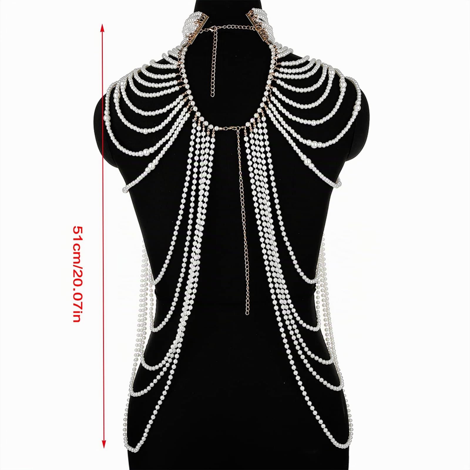 Collana con bavaglino di perle simulate multistrato per donna Collare con perline nappa in finta pelle con catena a tracolla Reggiseno Top Body Jewelry collana da donna in argento sterling lungo