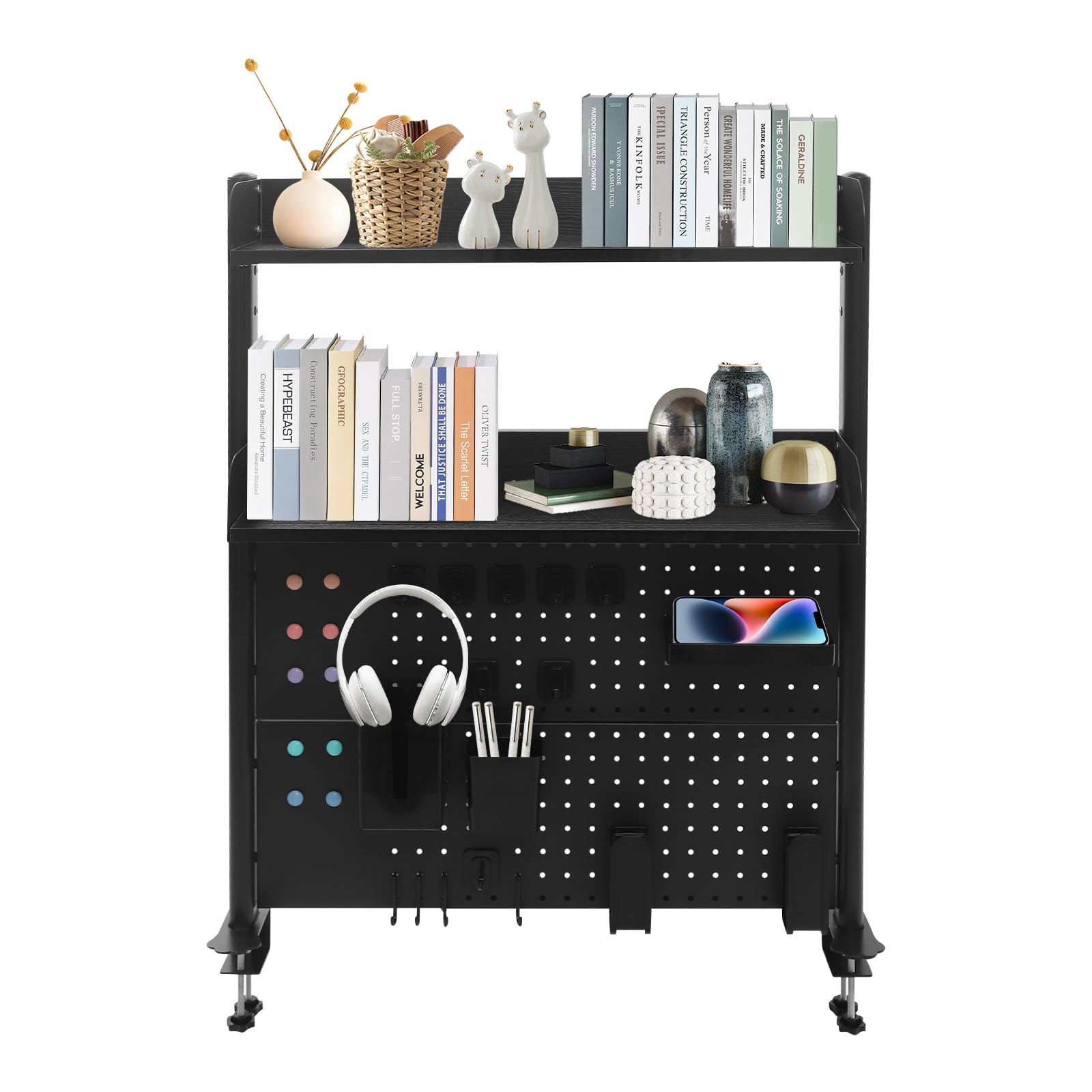 SHZICMY Klemmbare Schreibtisch Organizer zum Anstecken, 2-Ebenen Büro Computer Schreibtisch Zubehör Organizer, Clamp Regal Pegboard für Büro, Gaming, Zuhause, modular aufhängbar