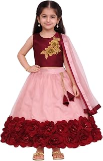 satyamfab Girls Lehenga Choli Set with Dupatta, 3D Rose Border Skirt, Floral Embroidered Crop Top, Festive Ethnic Wear Price In India