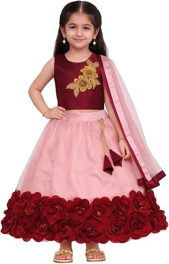 satyamfab Girls Lehenga Choli Set with Dupatta, 3D Rose Border Skirt, Floral Embroidered Crop Top, Festive Ethnic Wear
