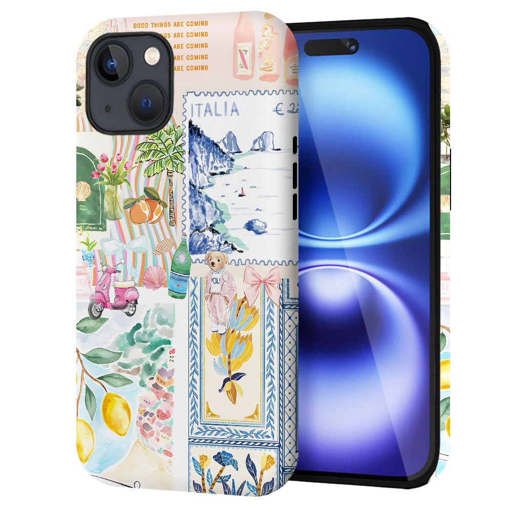 Coque pour iPhone 15, coque de téléphone avec collage de timbres côtiers italiens, coque de téléphone tendance en silicone givré, coque antichoc pour fille et femme