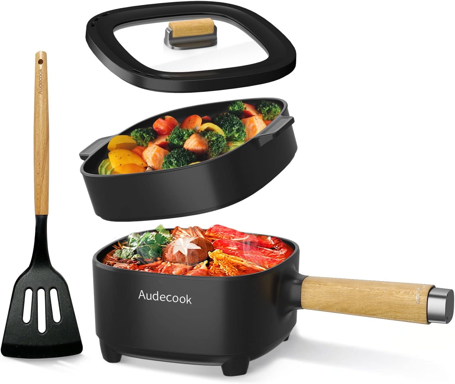 Audecook Electric Frying Pan with Steamer, Upgraded 2L Ceramic Nonstick Frying Pan, Electric Ramen Pan for Steak, Eggs, Fried Rice, Oatmeal, Soup (Black)
