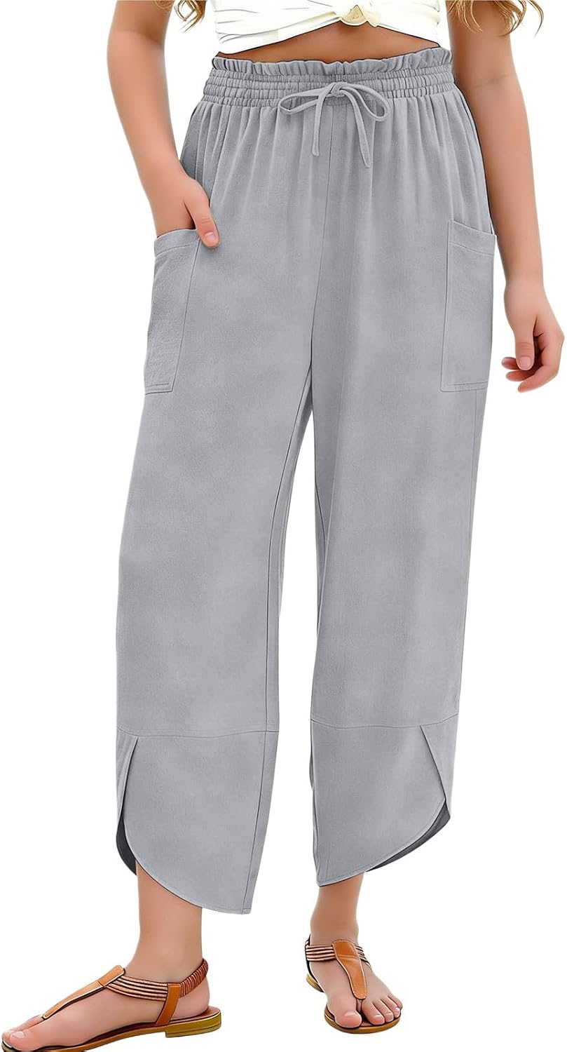 Girl's Wide Leg Pants Kids Elastic Waist Lightweight Joggers Drawstring Casual Flowy Sweat Pants 5 to 14 Years