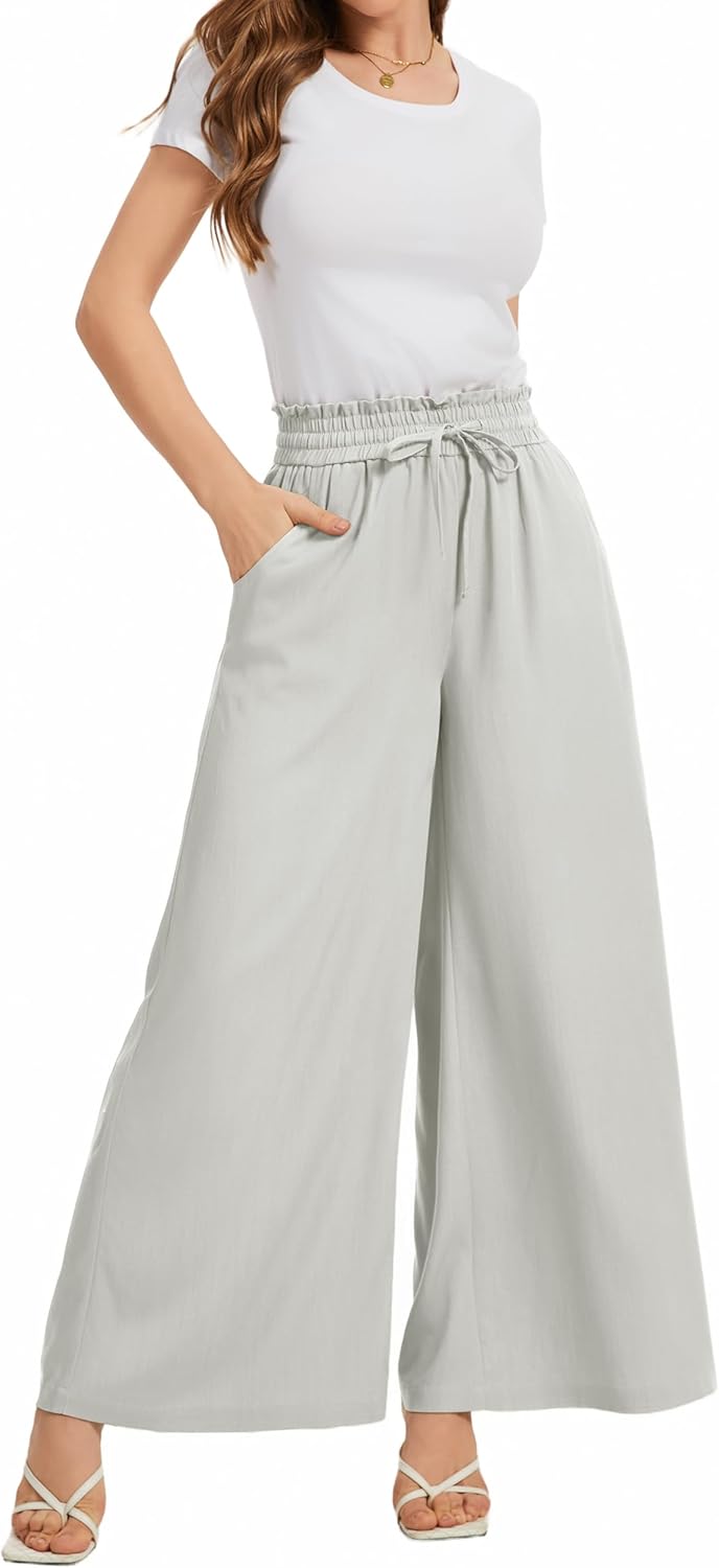 KICZOY Wide Leg Casual Pants Women Elastic Drawstring Waisted Palazzo Cropped Trousers Baggy Slacks with Pockets
