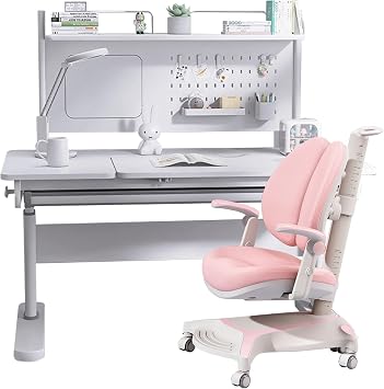 FCD Ergonomic Wood Adjustable Height Kids Study Desk with Chair Drafting Table Computer Station Built-in Bookshelf Desk with Chair, Pink