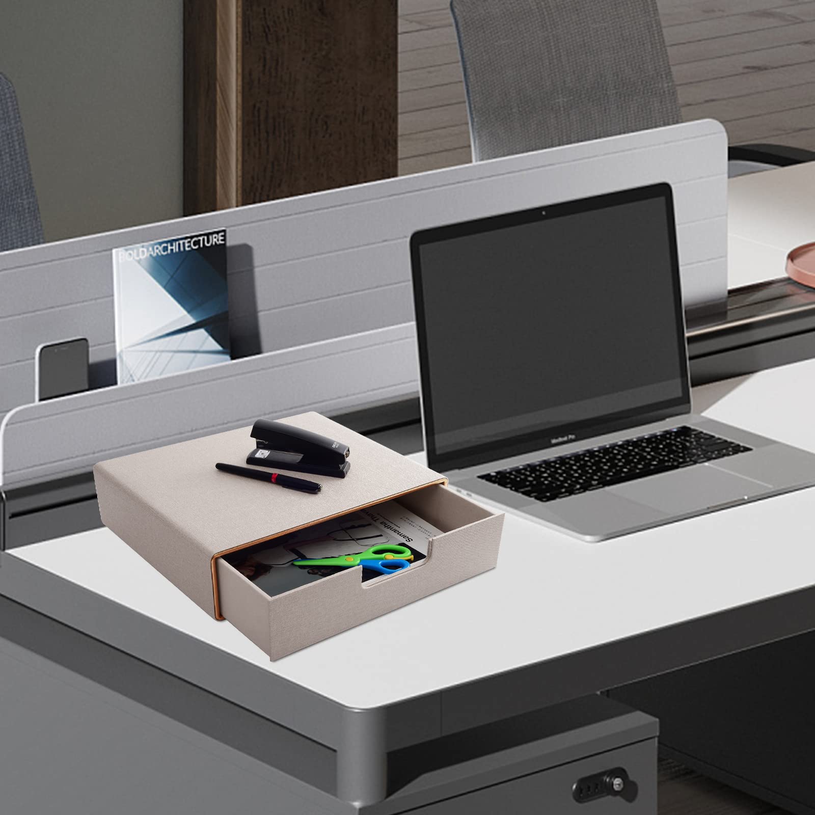 Organizer da scrivania con 1 cassetto, in pelle PU, per accessori da scrivania e spazio di lavoro, formato A4, multifunzione, per riporre lettere, documenti, posta, file (beige)