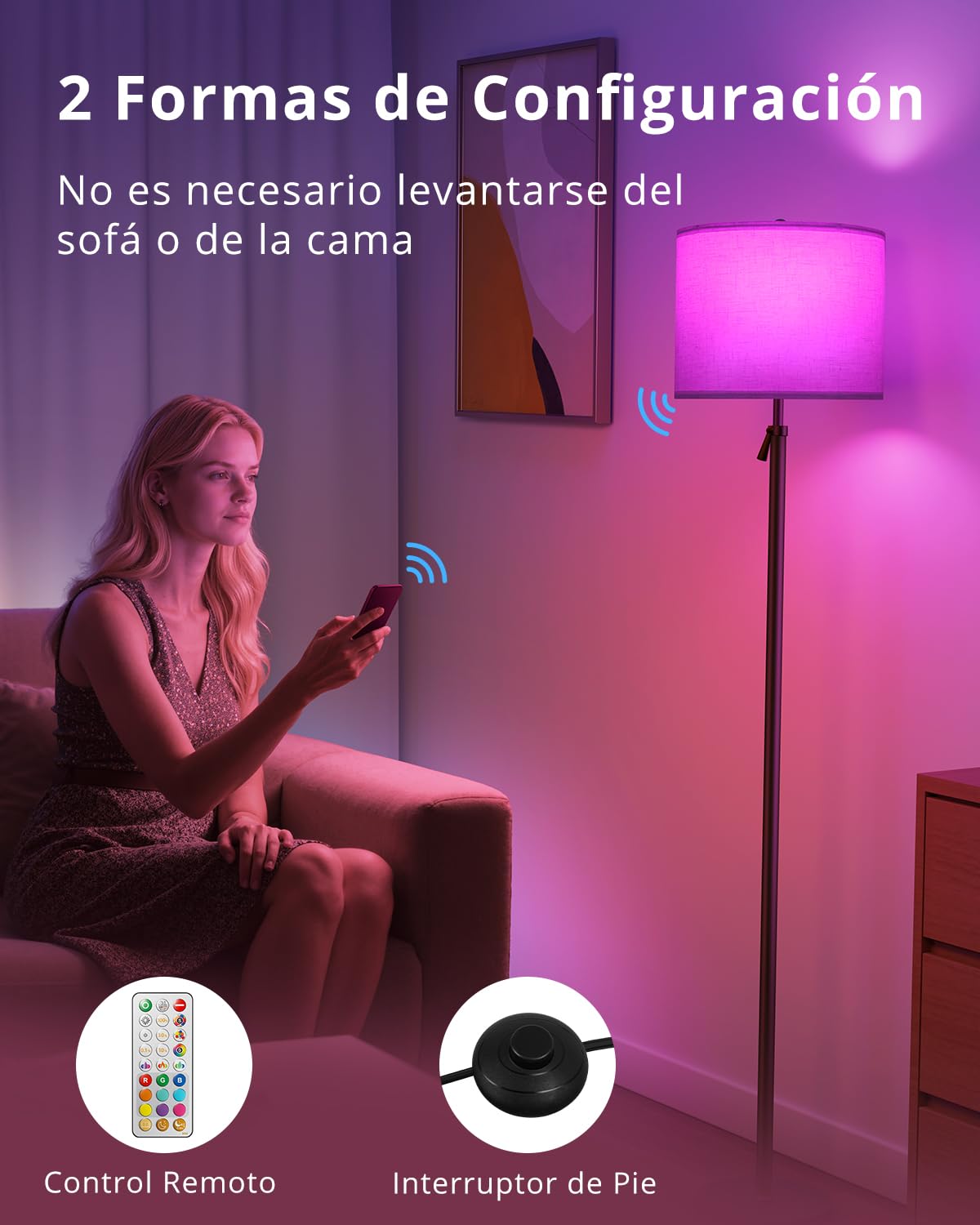 Lámpara de Pie LED Regulable en Altura, Pantalla Lino, Lámpara Telescópica 152-175cm, Mando Magnético, Luz RGB Regulable 1200lm 10W para Salón, Negro