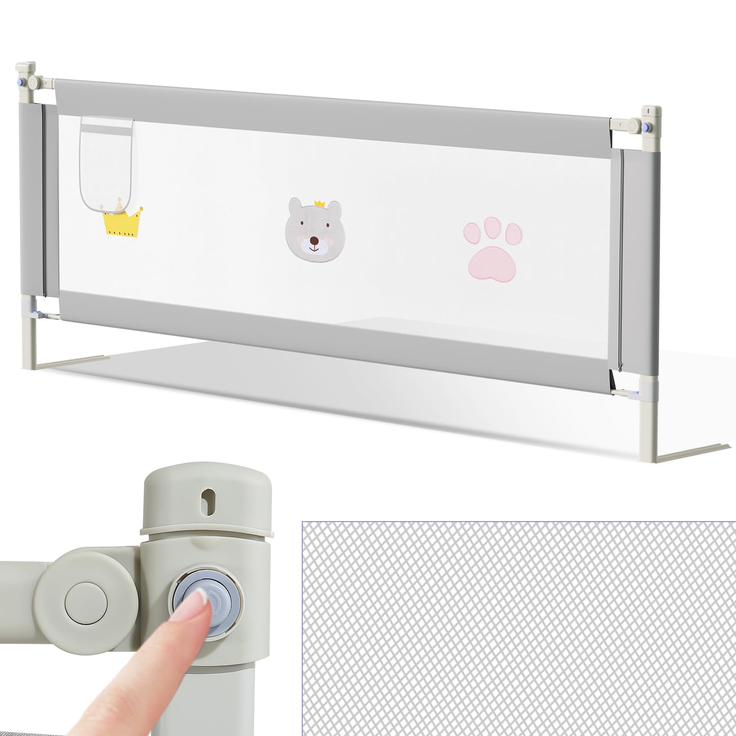 Ikodm Barrera de cama de 200 cm, altura ajustable de 70 a 98 cm, barrera para cuna para niños pequeños, con patrón, estructura estable, rejilla para cuna con red aireada, color gris