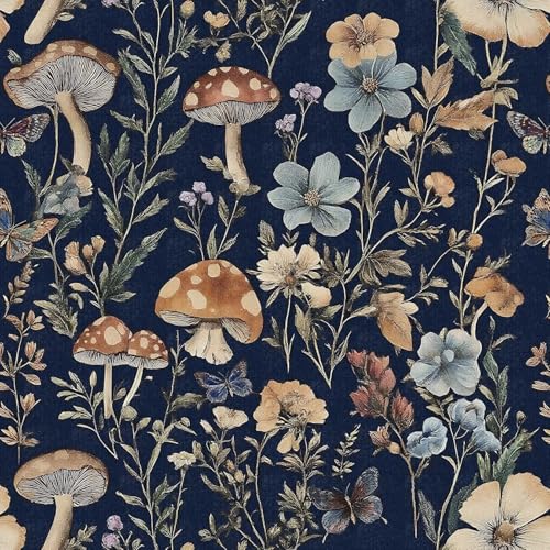 Froluya Mushroom Wallpaper Peel and Stick Dark Blue Floral Contact Paper 16.9