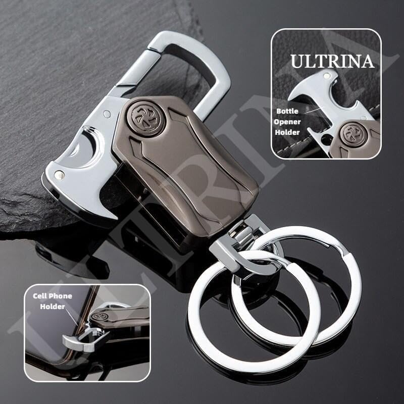 Image of BIRDLINE Multifunction Keychain 5 IN 1 Heavy Duty Dual Metal Ring, Bottle Opener, Mobile Phone Holder, 360 Rotate Spinner - Outdoor Carabiner Portable Key-chain For Bike & Car. (Spinner Keychain)