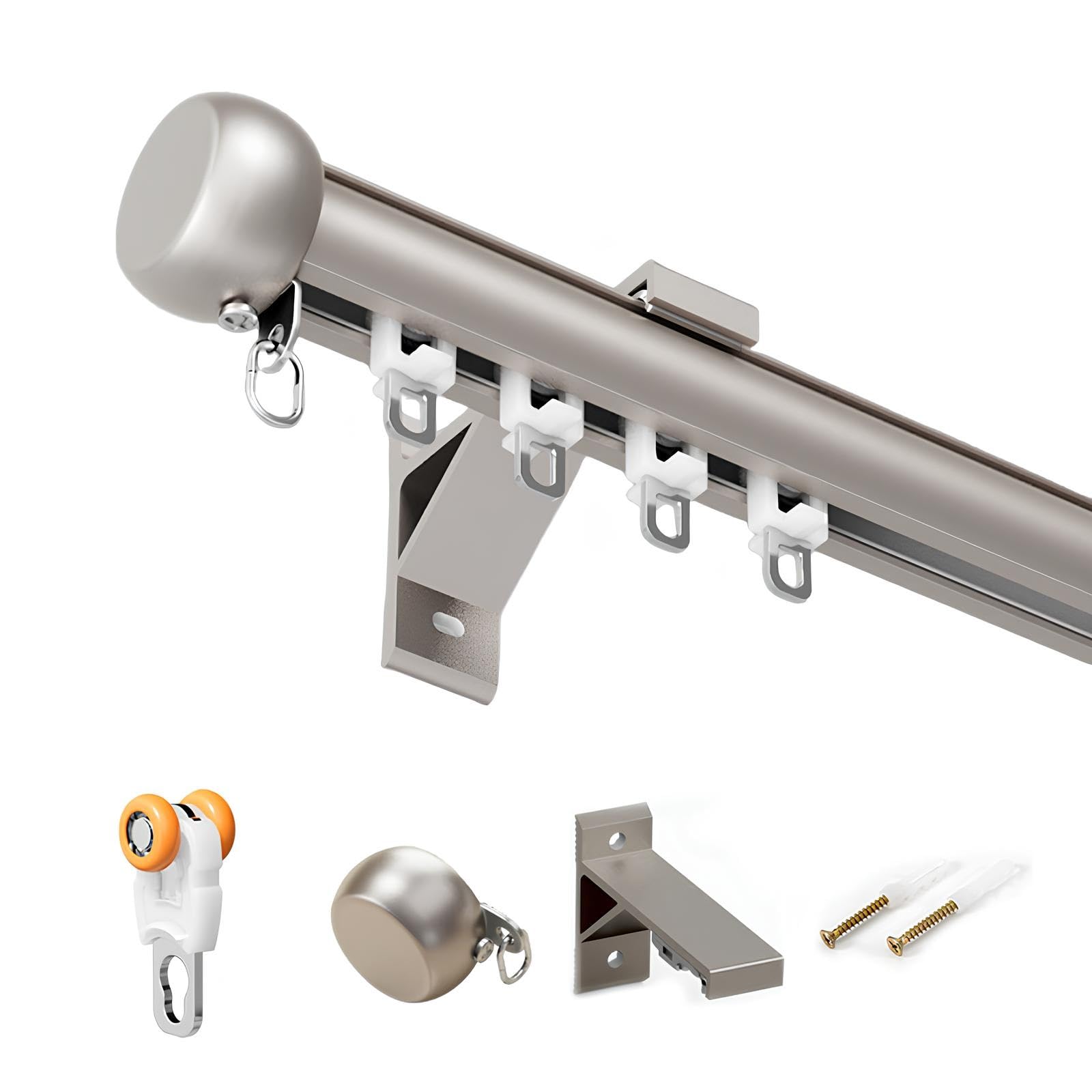 Xuqqu Grey Heavy Duty Aluminum Curtain Track System, Wall Mounted Spliced Curtain Rods For Windows, Single Curtain Rail Pole With Silent Gliding Wheels & Decorative End Caps(,140Cm/4.59Ft)