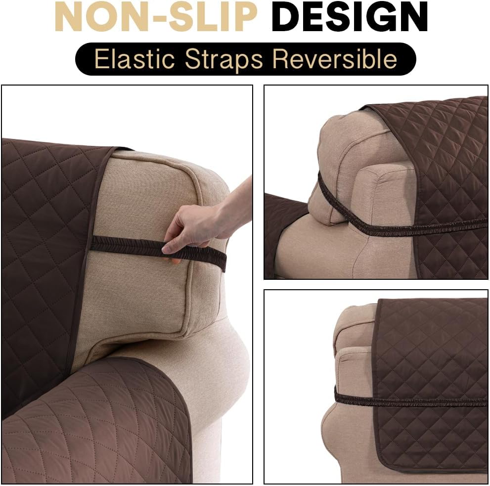 PrinceDeco Reversible Sofa Slipcover for 3 Cushion Couch Sofa,Thick Quilted Couch Cover for Dogs,Small Check Pattern Water Resistant Washable Furniture Protector with Elastic Straps(Sofa 66", Brown)