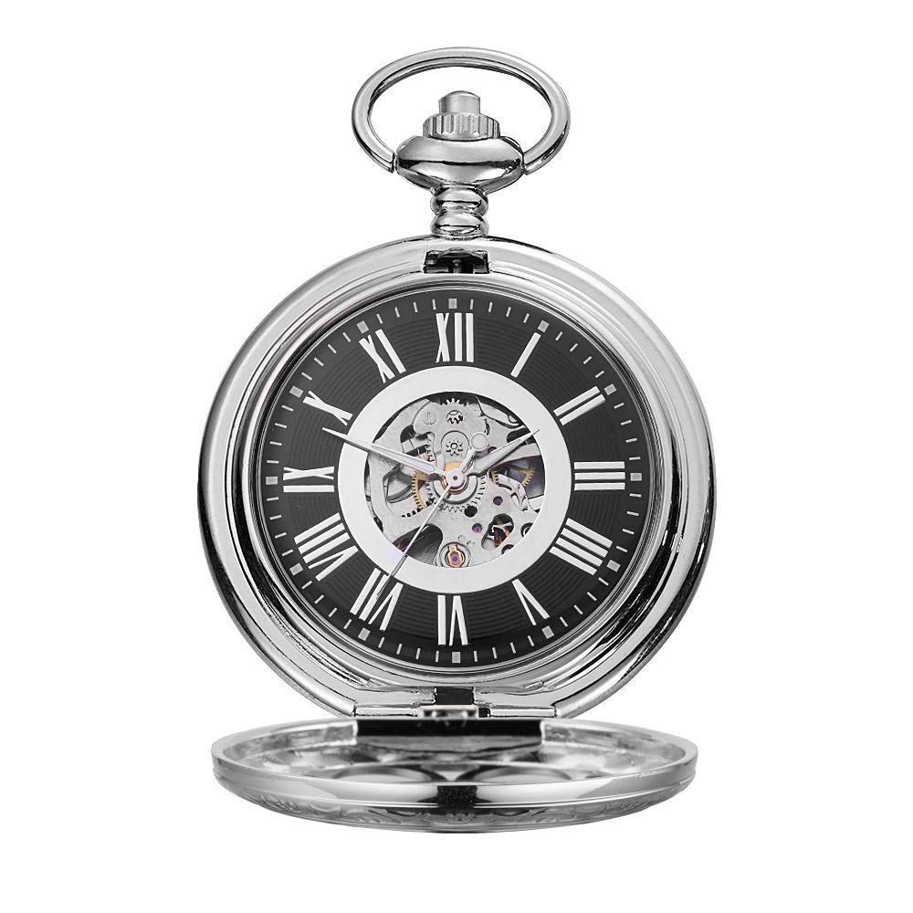 Reloj de bolsillo mecánico con maquinaria clásica vista y tapa clamshell protectora