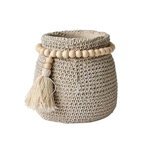 Wavy Studio Boho Cement Planter with Wooden Beads Garland, Decorative Plant Pot, Bohemian Style Home Decor (Beads)
